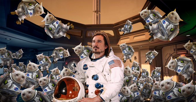 A surreal, AI-generated image showing a man in a NASA spacesuit surrounded by numerous cats floating in zero gravity inside a spacecraft.