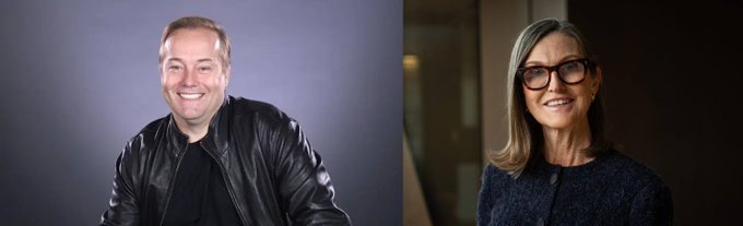 The image shows professional headshots of two prominent finance and tech personalities side-by-side: Jason Calacanis on the left, smiling warmly in a black leather jacket against a gray backdrop, and Cathie Wood on the right, wearing her signature dark-rimmed glasses and a dark textured top. The pairing visually represents the playful exchange between the two investors about Bitcoin's market prospects, with Calacanis's optimistic smile contrasting Wood's more serious, knowing expression—fitting the lighthearted "dead cat" debate referenced in the accompanying post.