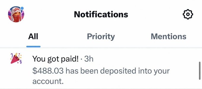 The image shows a Notifications screen with a message reading "You got paid! 3h $488.03 has been deposited into your account," which relates to the post as it appears to be a screenshot confirming the receipt of a payment, humorously referred to as an "Elon stimmy."