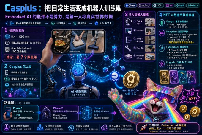 A Chinese-language promotional graphic for 'Caspius' Embedded AI bot training, highlighting data collection, robot skills, NFT rewards, and a 3-phase roadmap with an ERC-20 token ($CAS).