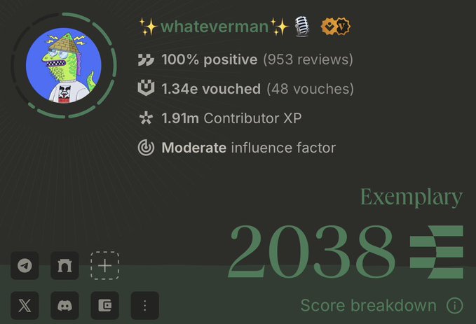 A profile for "whateverman" displays an exemplary score of 2038 on Ethos Network, with 100% positive reviews (953), 1.34e vouched (48 vouches), and 1.91m Contributor XP. The image is being used by the user to defend their credibility against critics, ironically highlighting their reputation metrics despite having only 5 vouches from subscribers.