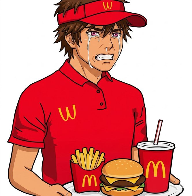 The image features a cartoon man wearing a red shirt with "W" written on it, holding a tray of food including a hamburger, fries, and a drink from McDonald's. The caption above the image reads "the state crypto is down ... funding is negative How are we making it out?". This suggests that there might be some sort of economic or financial issue affecting the cryptocurrency market, which could potentially impact the value of Bitcoin and other cryptocurrencies.