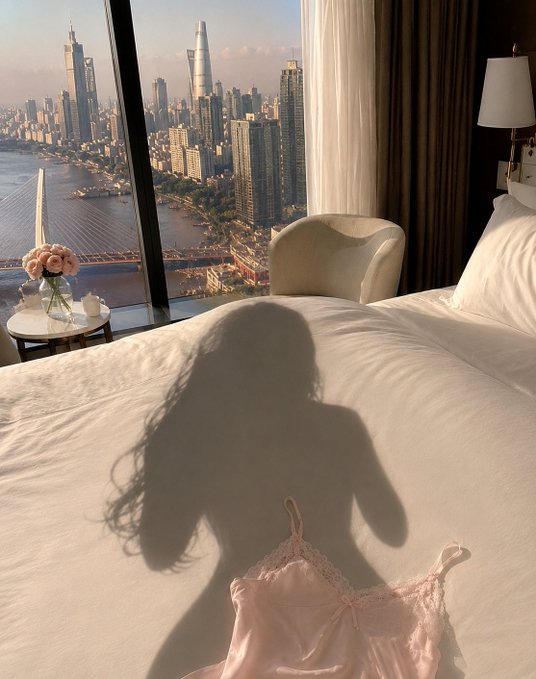 The image features a bedroom with a large window overlooking a city skyline, providing an impressive view of the buildings from within the room. The bed has white sheets and a pink dresser nearby. A vase filled with flowers sits on top of the dresser, adding a touch of elegance to the scene. In front of the bed is a pink dress hanging up, suggesting that someone may have recently changed into it or is preparing for an event.
