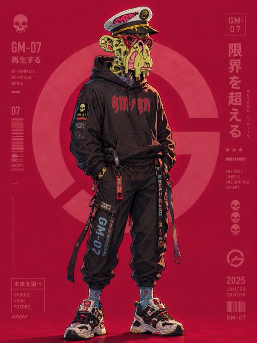 The image features a cartoon character wearing a black hoodie with red accents and pants, standing against a red background. The character has a white hat and a backpack on their back. The caption reads "late Gm, but check out the mferng fit! Ty shen." This suggests that the image is related to an event or promotion for a brand named GM-07.