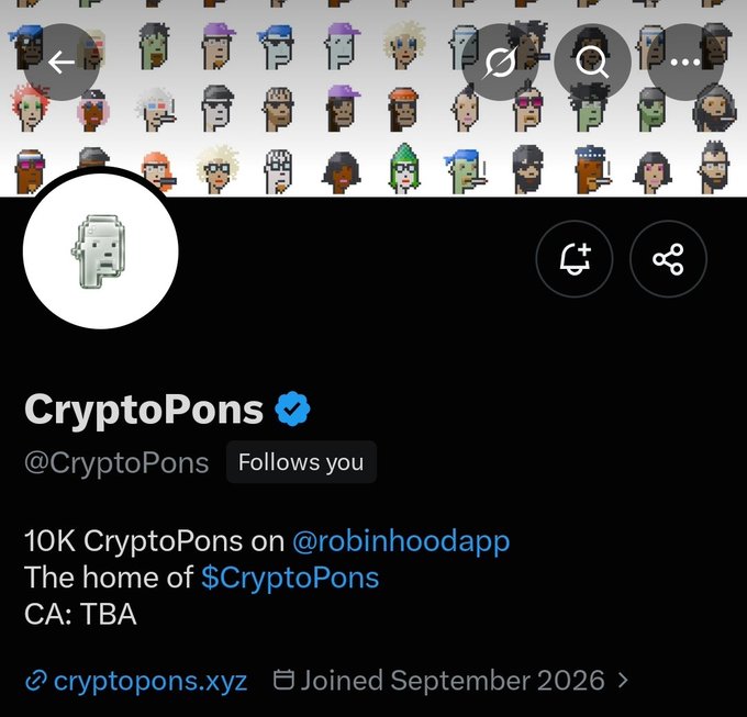 The image shows the X (Twitter) profile page for the verified account @CryptoPons, displaying pixel-art CryptoPunk characters as the header and a 3D-rendered white character avatar. The bio reads "10K CryptoPons on @robinhoodapp - The home of $CryptoPons" with "CA: TBA," matching the post's description of 10,000 unique pixel portraits offered as a free/paid mint on the Robinhood chain.