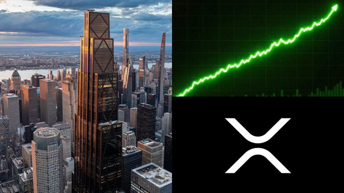 A split image shows a cityscape with a prominent skyscraper on the left, while the right side displays a green upward-trending price chart alongside the XRP cryptocurrency logo, visually reinforcing the news of Clear Creek Financial Management's newly disclosed $135,501 position in XRP.