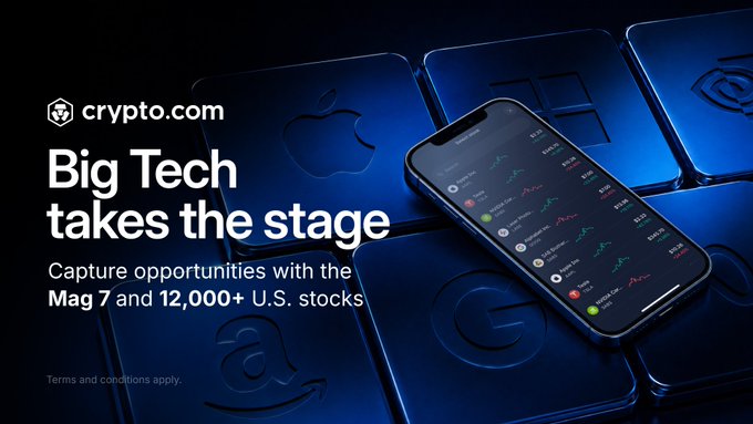 Crypto.com ad promoting Big Tech stock trading, showing a phone displaying stock tickers alongside icons for Apple, Windows, and Google, with text reading "Big Tech takes the stage" and "Mag 7 and 12,000+ U.S. stocks."
