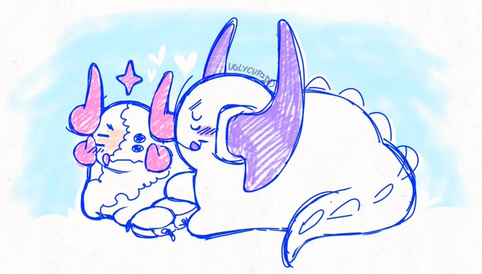 A cute digital sketch of a fluffy horned creature (resembling a dragon or axolotl) with pink cheeks and a purple horn hugging itself, with the username 'UGLYCUREZ' visible.