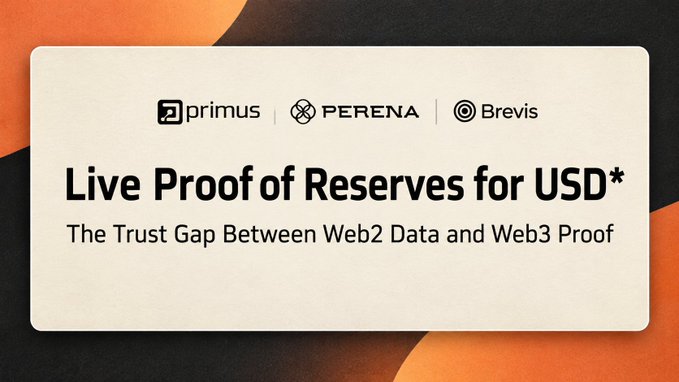 A promotional graphic for Primus, Perena, and Brevis advertising 'Live Proof of Reserves for USD* — The Trust Gap Between Web2 Data and Web3 Proof.'