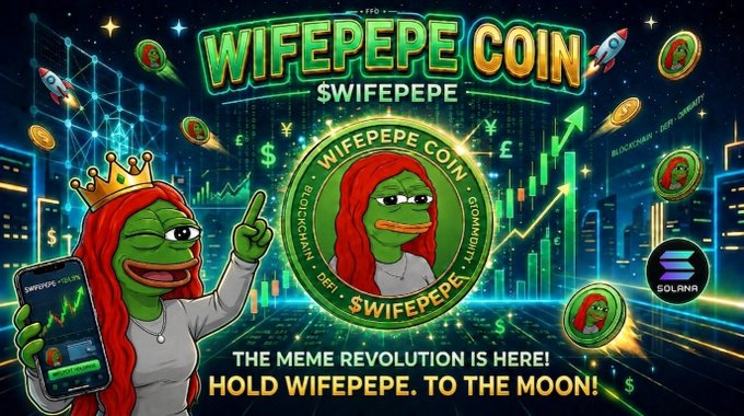 A promotional graphic for the $WIFEPEPE meme coin features a crowned Pepe-style character holding a smartphone displaying a rising price chart, with the large text "WIFEPEPE COIN $WIFEPEPE" and the tagline "THE MEME REVOLUTION IS HERE! HOLD WIFEPEPE. TO THE MOON!" set against a vibrant background of rockets, coins, and a bull market chart—visually matching the announcement of its upcoming community-driven launch on Pump.fun.