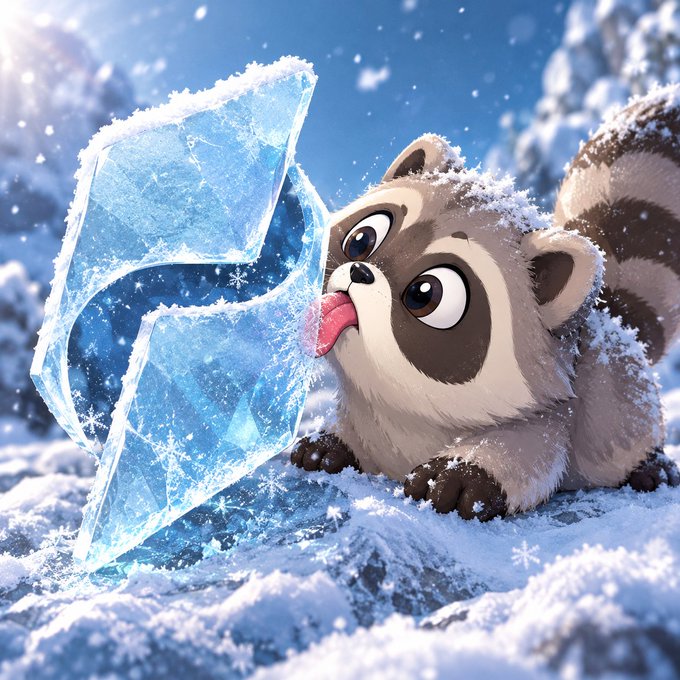 A 3D-rendered cute raccoon character licking a large blue ice crystal shaped like a letter, set in a snowy winter landscape.