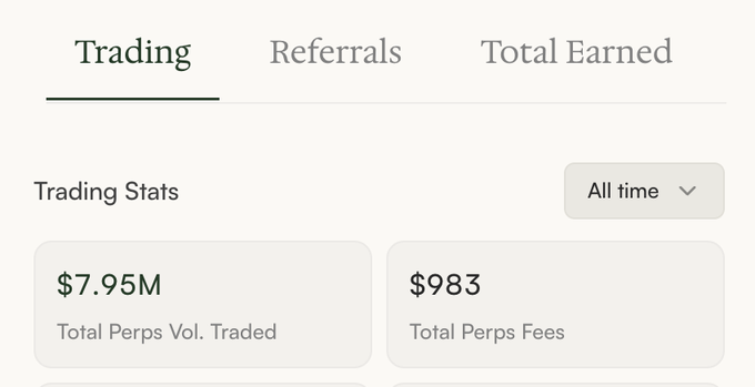 The image shows a trading dashboard with $7.95M in "Total Perps Vol. Traded" and $983 in "Total Perps Fees," corroborating the post's claim of nearly $8M in perpetual trading volume on Arcus.xyz, supporting the user's pitch for Arcus as a promising perps platform.