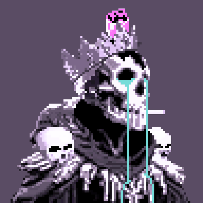 A pixel art illustration of a crowned skeletal king with cyan tear streaks running down its face against a purple background.