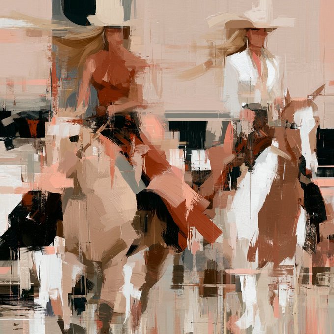An abstract figurative painting in muted peach, white, and black tones depicting stylized figures with hats, rendered with loose, gestural brushstrokes.