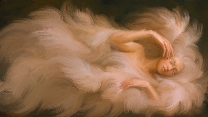 A digital painting of a woman lying down, surrounded by swirling, cloud-like hair in warm beige and peach tones.