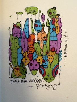 The image features a hand-drawn illustration of various cartoon characters, including a person with a speech bubble that says "No more!". The characters are depicted in different colors such as green, purple, orange, yellow, blue, red, pink, and white. The drawing is done on paper, and the post includes text about collecting these drawings from an amazing collector named frends.