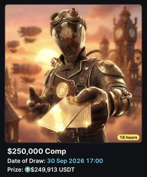A steampunk-styled figure wearing goggles and a gas mask holds an envelope against a sunset sky with floating airships, promoting a $250,000 competition with 18 hours remaining, a prize of $249,913 USDT, and a draw date of 30 Sep 2026 17:00. The image directly supports the post's announcement of the @MetaWin giveaway by visually displaying the competition details and urgency of the countdown.