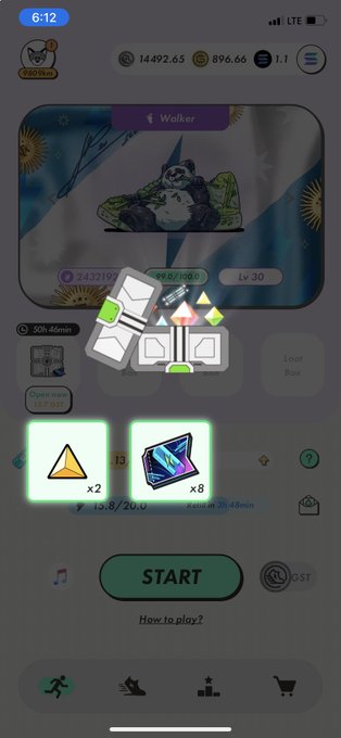 A mobile app screenshot showing a puzzle game with a 'Walker' character, in-game currency values (14492.65, 896.66), a level 30 indicator, and a 'START' button.