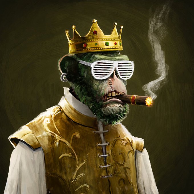 A digital painting of a green-skinned zombie-like character wearing a golden crown with jewels, white shutter shades, and golden armor, smoking a lit cigar with smoke curling upward.