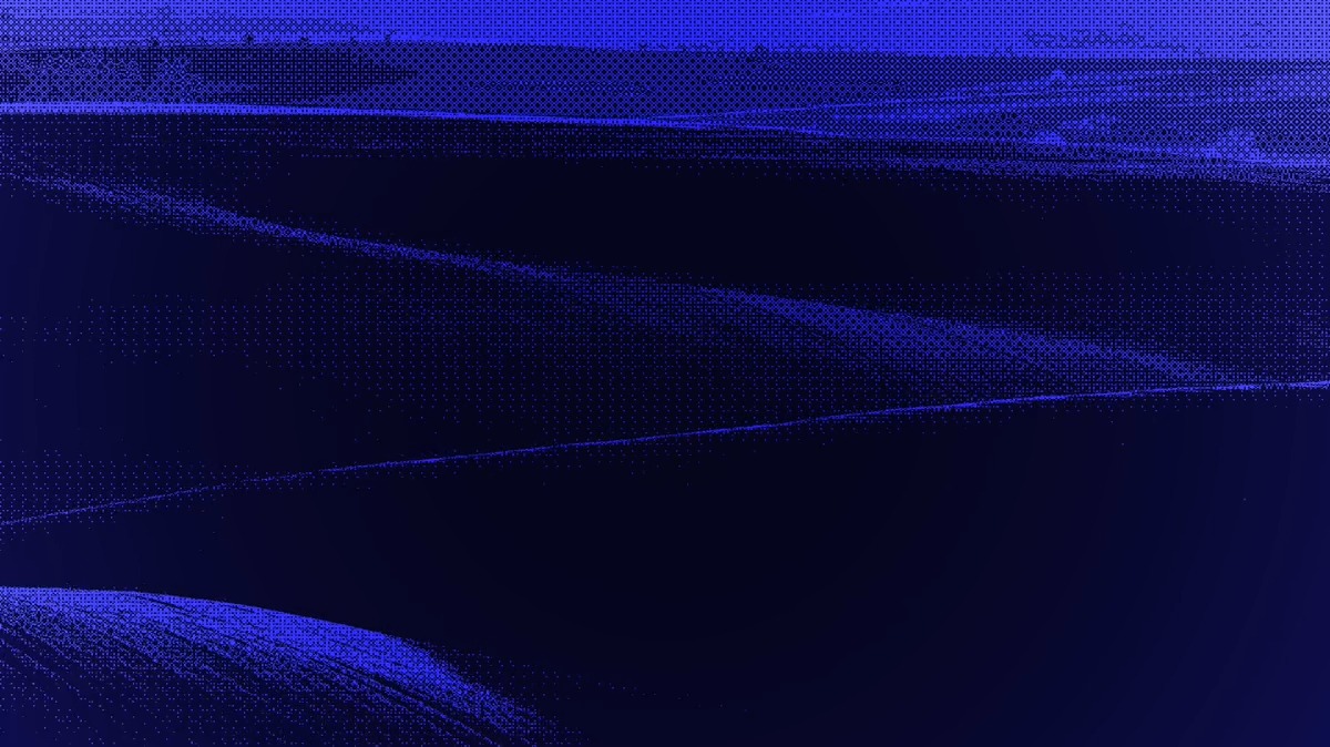 An abstract dark blue image with halftone dot patterns and wavy diagonal lines creates a textured, digital aesthetic.