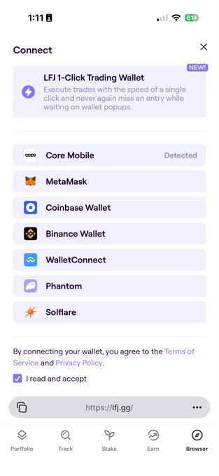 A mobile wallet connection screen for LFJ (https://lfj.gg/) showing options like Core Mobile, MetaMask, Coinbase Wallet, Binance Wallet, WalletConnect, Phantom, and Solflare.