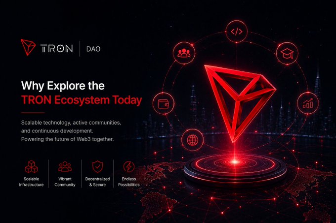 Promotional graphic for TRON DAO titled "Why Explore the TRON Ecosystem Today," highlighting scalable infrastructure, vibrant community, decentralized and secure systems, and endless possibilities.