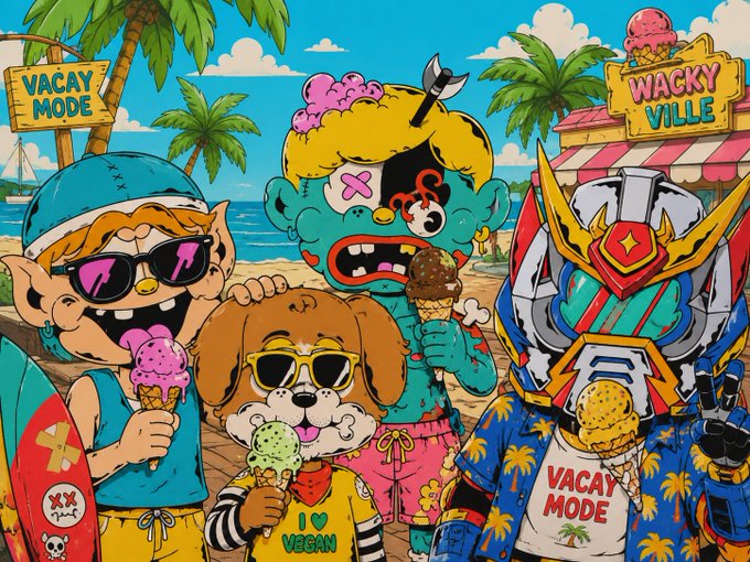 Colorful cartoon illustration of beach-themed characters including a punk elf with sunglasses, a zombie with ice cream, a dog wearing "I ❤ VEGAN" shirt and sunglasses, and a robot in a "VACAY MODE" Hawaiian shirt, set in "Wacky Ville".