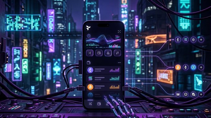 The image features a smartphone with an app icon displayed that says "Crypto" along with a city skyline visible through its camera lens. The phone's screen displays information related to cryptocurrency apps, such as trading platforms or spending tools. The surrounding cityscape adds context and depth to the scene, creating a visually appealing composition that highlights the importance of the app in today's digital landscape.
