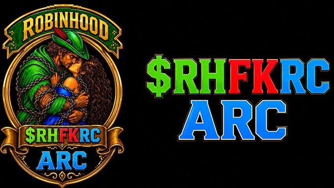 A Robin Hood-themed logo featuring a chained figure with text 'ROBINHOOD' and '$RHFKRC ARC' displayed in colorful, stylized lettering on a black background.