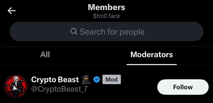 The image shows a social media "Members" page for a community called "$troll face," displaying the Moderators tab with one member listed: "Crypto Beast @CryptoBeast_7" (verified, marked as Mod). The post references $TROLL's 300m performance and projects similar upside for $TUZKI, suggesting the moderator shown may be associated with promoting these meme coin projects.