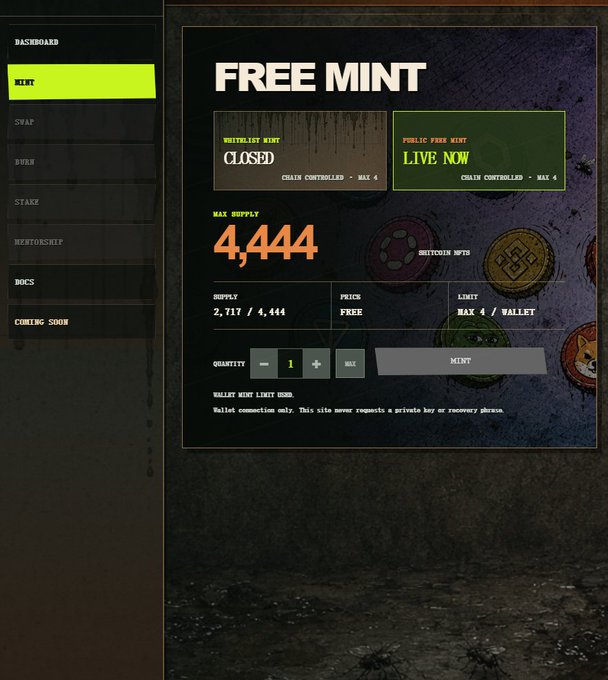 A dark-themed NFT minting interface shows a "FREE MINT" page with a max supply of 4,444 (2,717 already minted), a quantity selector set to 1, and a green "PUBLIC FREE MINT - LIVE NOW" banner, while the whitelist mint is marked "CLOSED." The site features navigation options including Dashboard, Mint, Swap, Burn, Stake, Rentorship, Docs, and Coming Soon, with a note that only 4 mints are allowed per wallet.