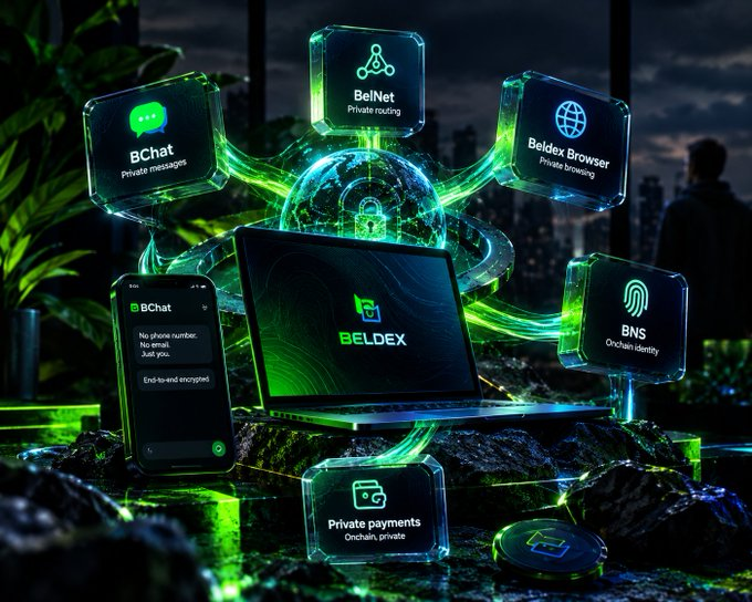 A promotional graphic for Beldex ecosystem products including BChat (private messaging), BelNet (private routing), Beldex Browser (private browsing), BNS (on-chain identity), and Private payments (on-chain, private), displayed with neon green accents.