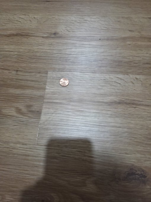 A photograph showing a small copper coin resting on a light wood-grain floor, with the shadow of the person taking the picture visible in the foreground.