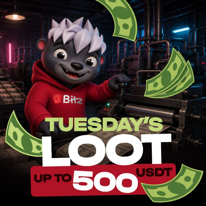 An animated advertisement featuring a cartoon animal mascot in a red 'Bitz' hoodie operating a money-printing press, with text reading 'TUESDAY'S LOOT UP TO 500 USDT' surrounded by flying dollar bills.