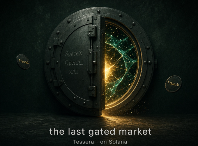 A promotional graphic showing a partially opened vault door revealing glowing digital network patterns, with text 'SpaceX OpenAI xAI' on the door and 'the last gated market - Tessera • on Solana' below.