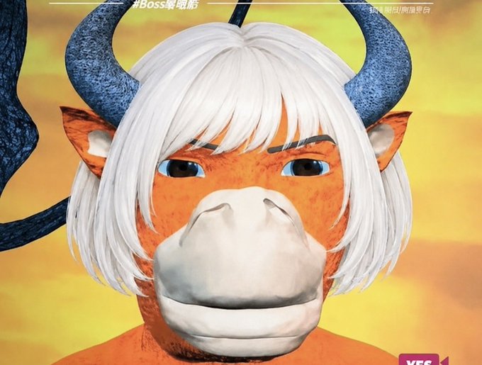 A close-up, slightly bizarre 3D render shows a creature with the orange face and horns of a deer-like beast, a white bob haircut, and human-like blue eyes.