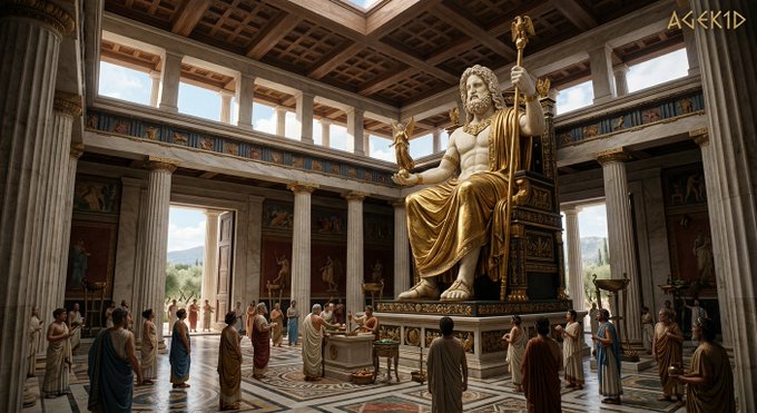 A digital artwork depicts an ancient Greek temple interior with a massive golden statue of Zeus seated on a throne, holding a staff, surrounded by smaller figures in classical robes. The watermark 'AGEKID' appears in the upper right corner.