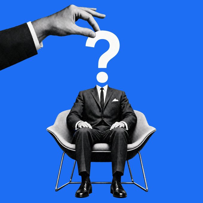 A surreal collage-style image with a bright blue background showing a man in a suit sitting in a chair with a question mark for a head, while another hand from a suit sleeve pinches the top of the question mark.