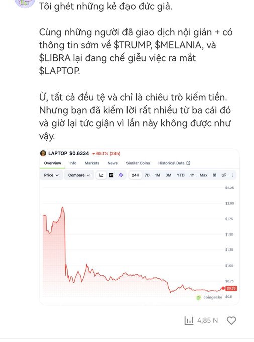 A Vietnamese-language social media post expressing frustration about people scamming with memecoins $TRUMP, $MELANIA, and $LIBRA to hype $LAPTOP, accompanied by a CoinGecko chart showing LAPTOP at $0.6334 with a 65.1% (24h) decline.