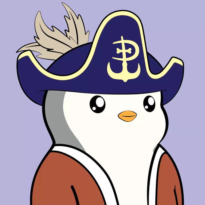 A cartoon penguin dressed as a pirate, wearing a blue hat with a gold anchor emblem and a red coat with a feather.