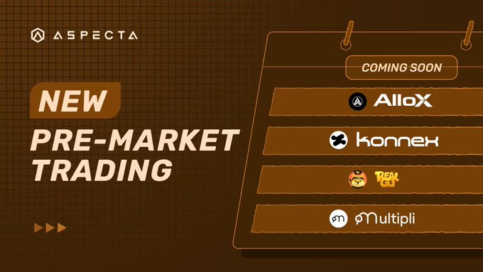 Aspecta unveils its pre-market trading roadmap featuring four upcoming assets—Allox, Konnex, Real GO, and Multipli—with launch dates and further details to be announced soon.