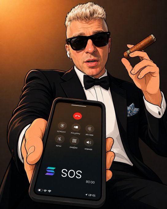 The image features a man dressed in a tuxedo, holding a cell phone with the word "SOS" displayed on its screen. The man appears to be wearing sunglasses and has a cigar in his hand. The caption of the image suggests that he is ready for an adventure or perhaps a business trip, as indicated by the reference to "suit up and outrun the tradfi bros STOCKS ON SOLANA!".