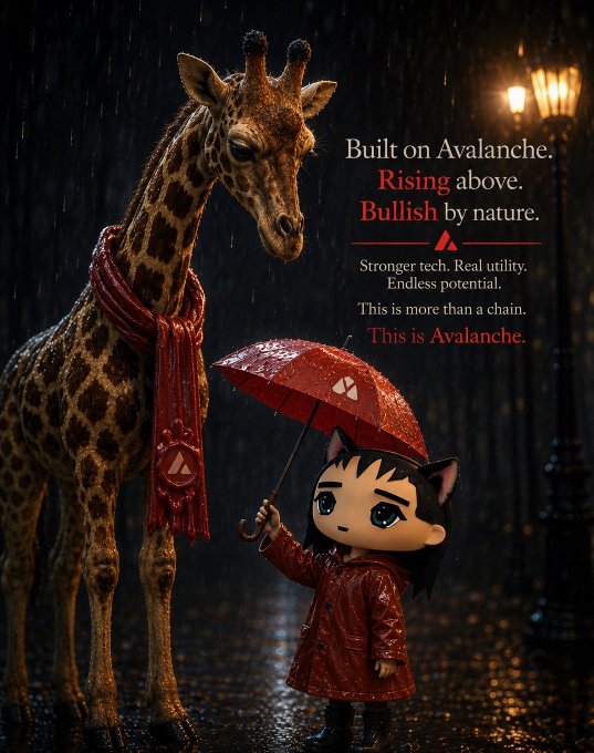 An artistic advertisement with a giraffe wearing a red scarf and an anime-style girl with cat ears holding a red umbrella in the rain, alongside the text 'Built on Avalanche. Rising above. Bullish by nature. Stronger tech. Real utility. Endless potential. This is more than a chain. This is Avalanche.'