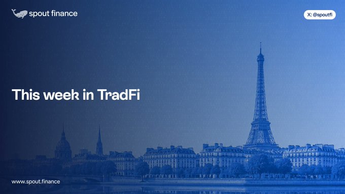A promotional banner for 'spout finance' featuring the Eiffel Tower and Parisian skyline in a blue tone, with text reading 'This week in TradFi' and the website 'www.spout.finance' at the bottom.