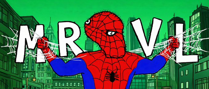 A crude illustration of Spider-Man stretching his arms outward, with the letters "M," "R," "V," and "L" woven into his spider webs against a green cityscape backdrop, visually representing the "Spoderman likes MRVL" meme about the Marvel (MRVL) stock ticker.