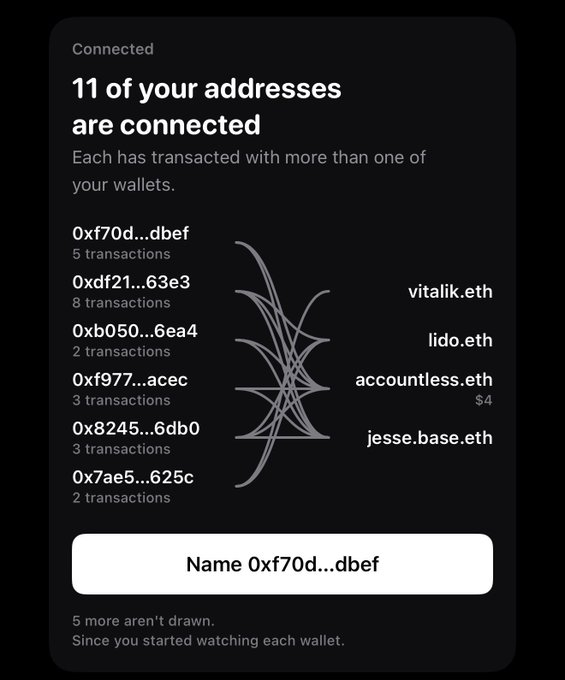 A mobile app interface screen titled '11 of your addresses are connected' displaying a list of Ethereum wallet addresses with transaction counts, including ENS names like 'vitalik.eth', 'lido.eth', 'accountless.eth', and 'jesse.base.eth'.