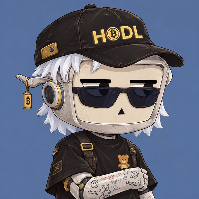 Digital artwork of a robot character wearing a black 'HODL' cap with a Bitcoin logo, sunglasses, and a black shirt with a small teddy bear patch, featuring 'HODL' tattoos on its arm.