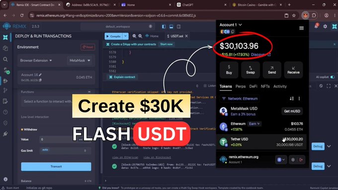 A screenshot of a Remix IDE workspace showing the deployment of a smart contract, with overlaid text reading 'Create $30K FLASH USDT' and an arrow pointing to a MetaMask wallet balance of $30,103.96.