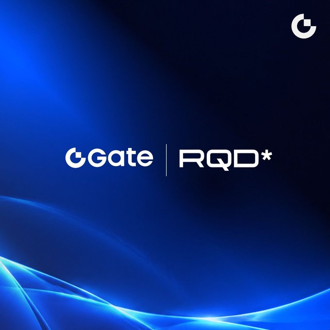 The image displays a promotional graphic featuring a sleek blue background with flowing light waves, showcasing the logos "Gate | RQD*" alongside the Gate.io logo in the top right corner. The visual reinforces the partnership announcement, highlighting the collaboration between Gate and RQD* (RQDClearing) at the intersection of digital assets and financial technology.
