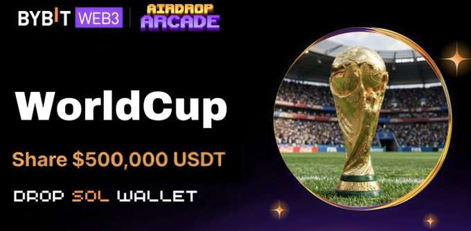 The image features a large golden soccer trophy with the text "World Cup" written around its base. The trophy is placed against a black background, making it stand out prominently. Below the trophy, there's an advertisement for a World Cup Airdrop that reads "drop your wallet & RT every wallet gets 100,000 USDT". This advertisement suggests that users can drop their wallets and receive 100,000 US dollars in return as part of the World Cup Airdrop.

The image also includes text about a website called "Bybit Web3" and an event named "World Cup Arcade", which could be related to the World Cup itself or a gaming-related event. The website is hosting an arcade game, and it's currently in session with people playing against each other.